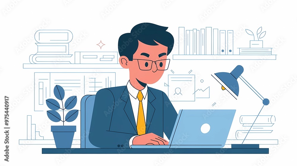 A vector illustration of a cartoon character with glasses and a suit working on a laptop. The character is sitting at a desk with a plant and a lamp. A vector illustration of a cartoon character with glasses and a suit working on a laptop. The character is sitting at a desk with a plant and a lamp.