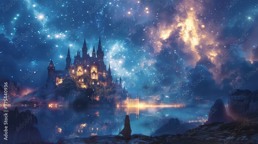 A mysterious castle stands tall beneath a starry night sky, with a lone figure gazing out over the water. A mysterious castle stands tall beneath a starry night sky, with a lone figure gazing out over the water.