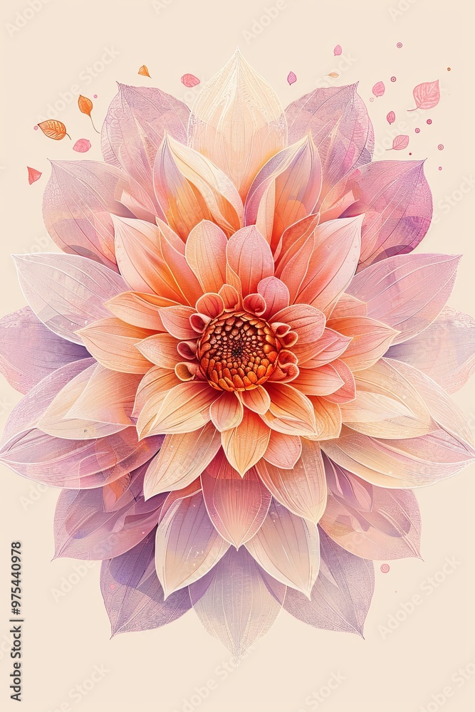 Illustration of a floral mandala with symmetrical botanical elements