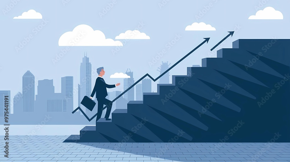 A vector illustration of a businessman walking up a set of stairs with arrows, representing the 'stairway to success'. The stairs are set agains a backdrop of a city skyline. A vector illustration of a businessman walking up a set of stairs with arrows, representing the 'stairway to success'. The stairs are set agains a backdrop of a city skyline.