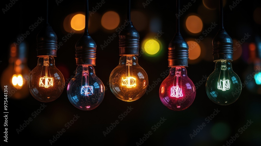 light bulbs, each with a different coloured light, floating in the air with a black background