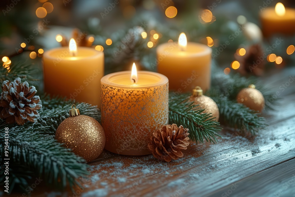 cozy christmas table vignette rustic wooden surface with twinkling fairy lights pine branches ornaments and candles warm inviting atmosphere with soft focus background cozy christmas table vignette rustic wooden surface with twinkling fairy lights pine branches ornaments and candles warm inviting atmosphere with soft focus background