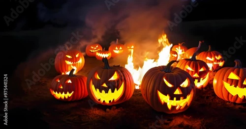 Halloween pumpkins on fire in spooky dark foggy forest. Camera slowly zoom out showing a lot of halloween pumpkins