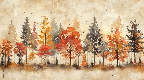 A picturesque autumnal forest scene with vibrant foliage in shades of red, orange, yellow, and green