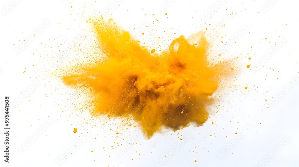 A burst of yellow powder against a white background, creating a cloud of vibrant color. A burst of yellow powder against a white background, creating a cloud of vibrant color.