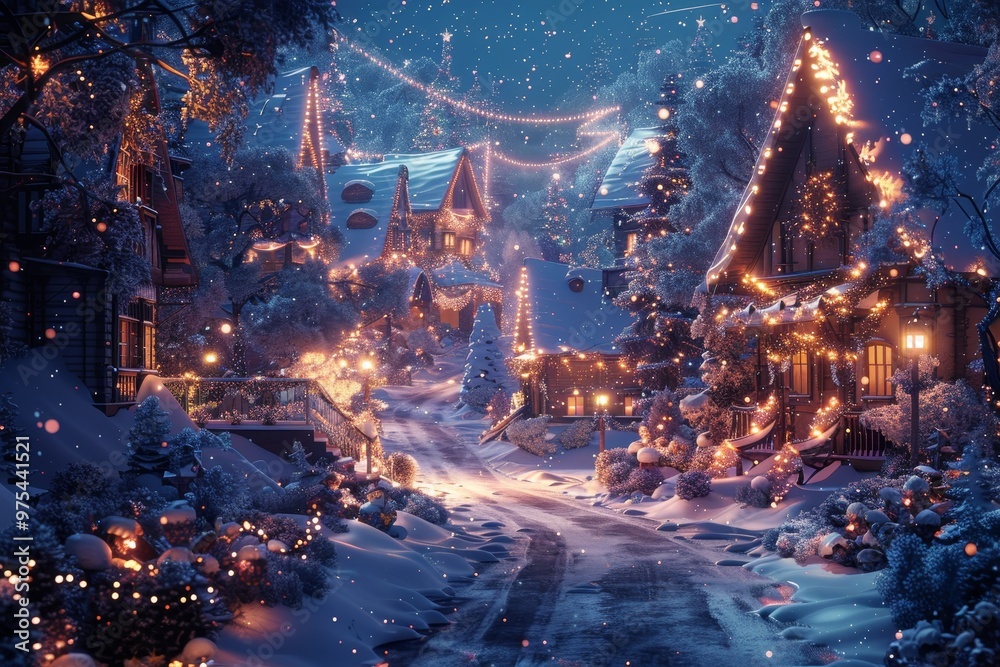 A picturesque snowy village street adorned with twinkling Christmas lights, creating a magical winter wonderland. A picturesque snowy village street adorned with twinkling Christmas lights, creating a magical winter wonderland.