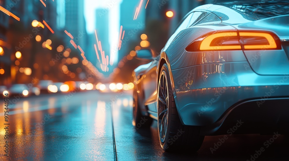 Obraz premium modern car in a city environment, electric lines of power extending up to the sky from the car