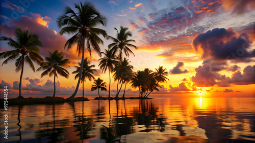 Vibrant tropical paradise with silhouetted palm trees. Stunning sunset reflecting on the water with palm trees.