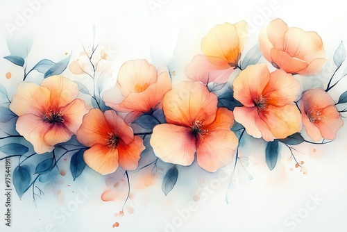 delicate watercolor bouquet of spring flowers in soft pastel hues loose flowing style with translucent petals and leaves gentle splatters and wetonwet technique create dreamy romantic mood photo