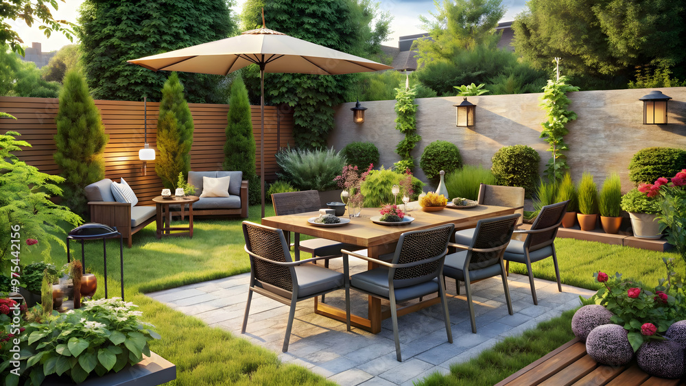 Obraz premium Inviting outdoor living space with grill, umbrella, and vibrant landscaping. Beautiful backyard patio perfect for entertaining guests or enjoying a peaceful meal.