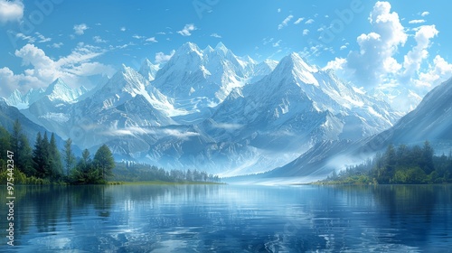 A serene mountain lake scene with snow-capped peaks reflecting in the still water, surrounded by lush green trees. photo