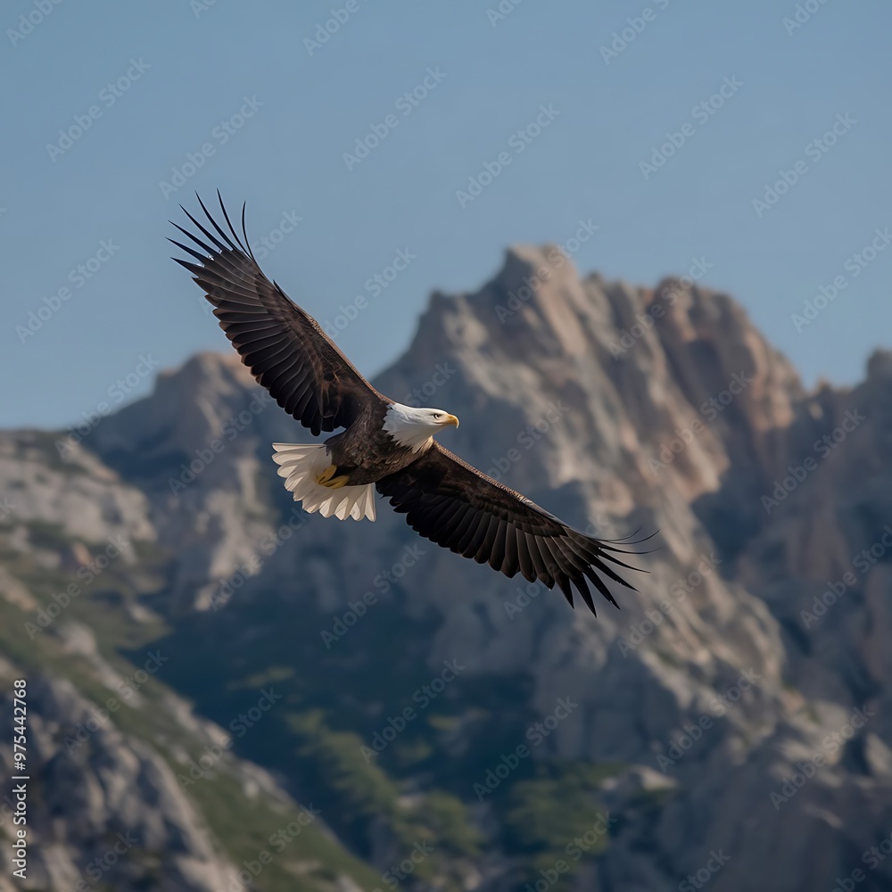Obraz premium A soaring eagle above mountains, wings spread wide, clear blue sky, Photography, Nikon