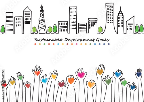 SDGs17色のハートを持つ手と街並みの手描き線画