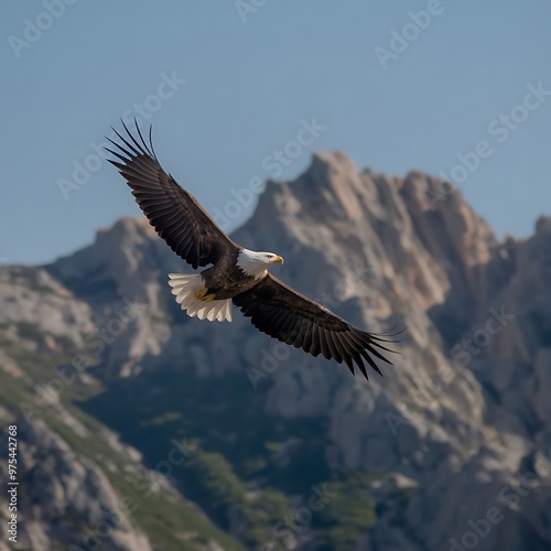 A soaring eagle above mountains, wings spread wide, clear blue sky, Photography, Nikon