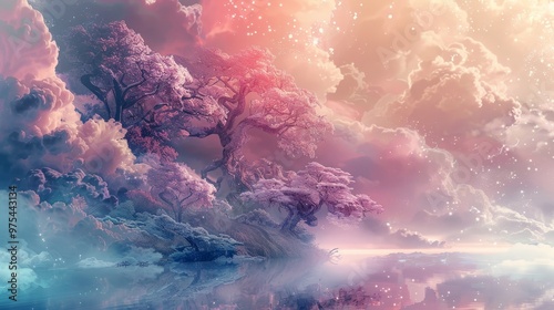 A surreal landscape with frosted trees against a colorful, ethereal sky. The image evokes a sense of mystery and wonder. photo