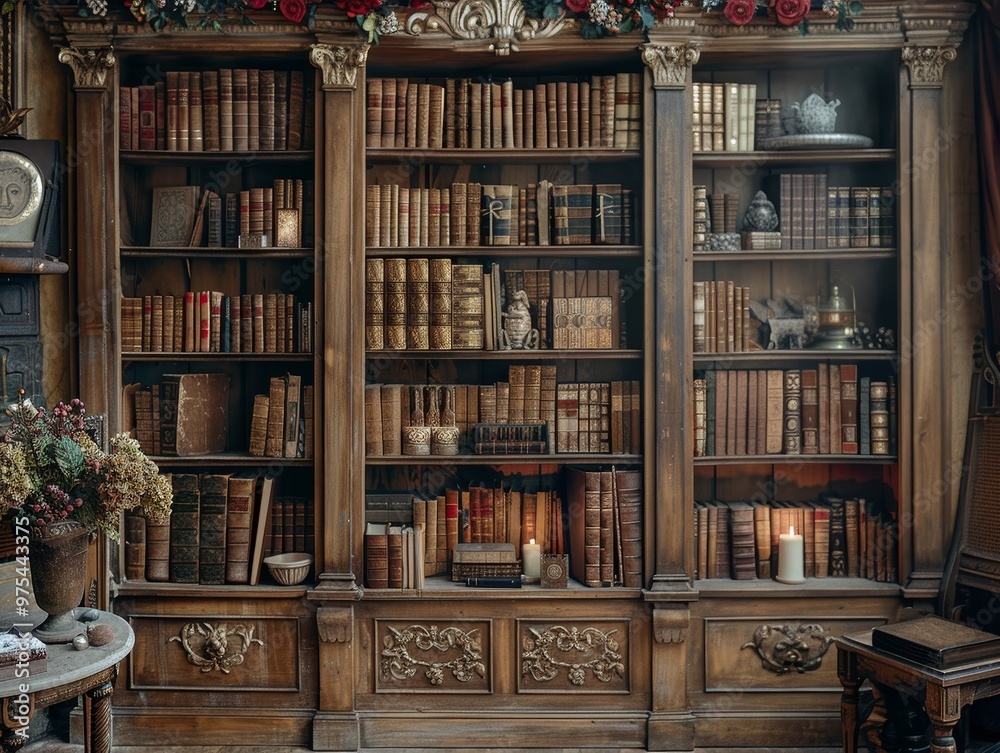 A traditional wooden bookcase filled with antique books, adorned with candles and floral arrangements. The bookshelf exudes a sense of history and knowledge. A traditional wooden bookcase filled with antique books, adorned with candles and floral arrangements. The bookshelf exudes a sense of history and knowledge.