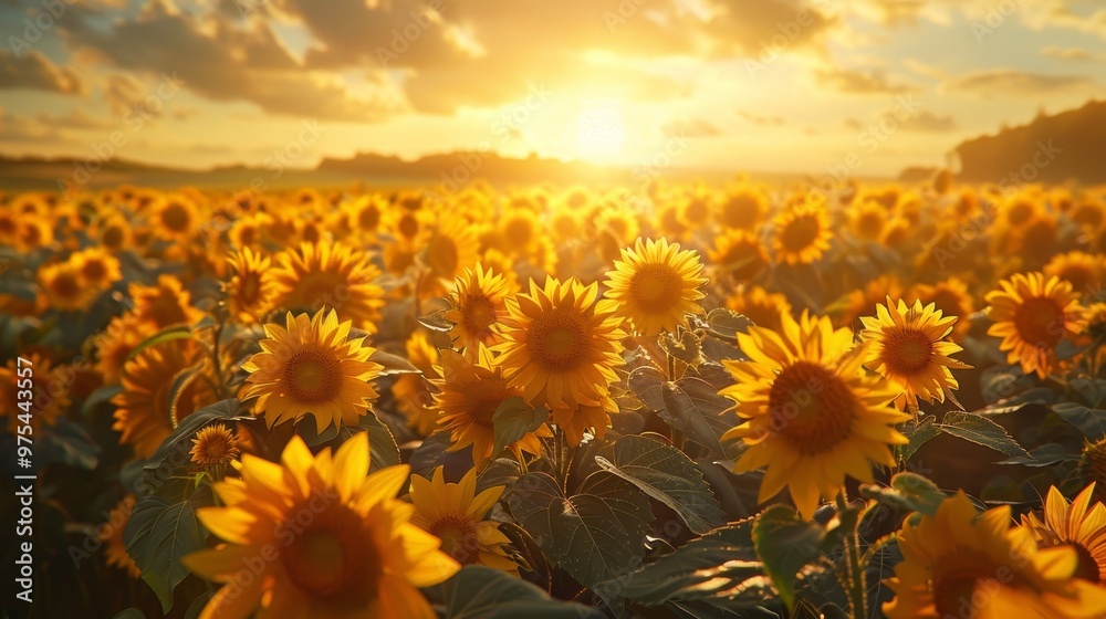 Fototapeta premium A vast field of sunflowers basking in the golden glow of a setting sun. The sky is ablaze with warm colors, creating a picturesque landscape.