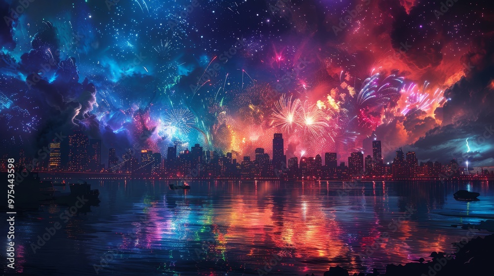 Fototapeta premium A vibrant, futuristic cityscape bathed in the glow of a spectacular, colorful firework display.