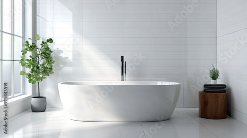 Bright white bathroom with sleek white tiles, a white bathtub, and glass accents.