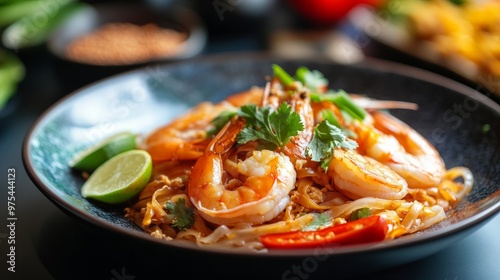 A close-up of vibrant Shrimp Pad Thai served in a traditional Thai street food setting, garnished with peanuts, lime, and fresh herbs. Authentic Thai cuisine in focus.