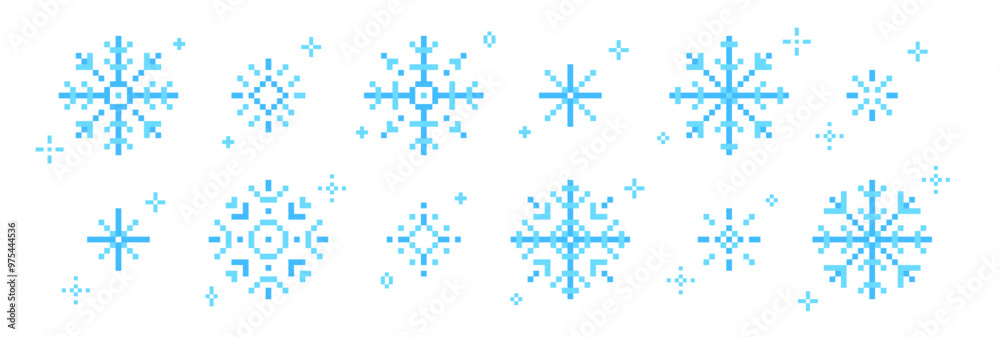 Set of snowflakes or snow icon in pixel art. Retro vector illustration.