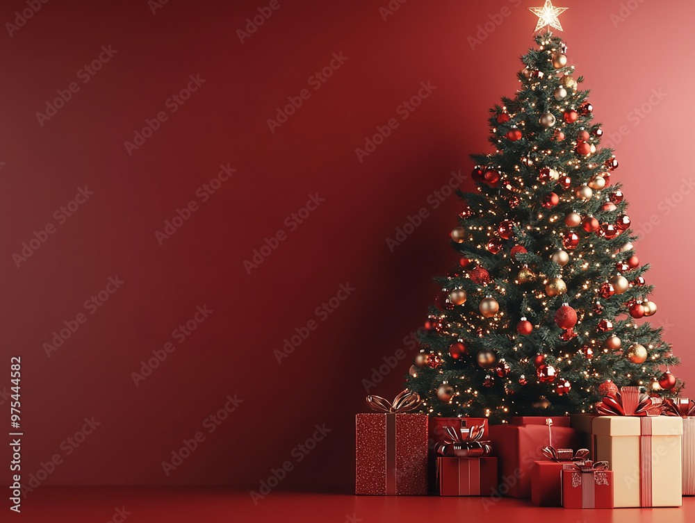 Christmas tree deco with gifts, red wall background Christmas tree deco with gifts, red wall background