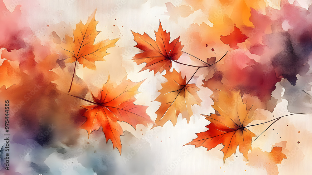 Watercolor abstract background autumn collection with maple and seasonal leaves. Hand-painted watercolor natural art, Watercolor abstract background autumn collection with maple and seasonal leaves. Hand-painted watercolor natural art,
