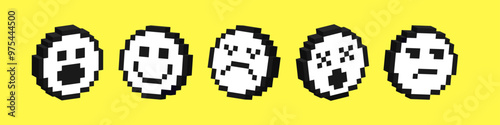 Set of 3d smile icons. Pack of pixelated emoji icons. Emoticons pixel art. 8-bit retro vector illustration.