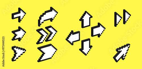 Set of 3d arrows in pixel art style. Vector illustration of 8 bit game assets.