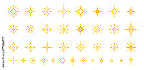 Set of pixel star, sparkle, glitter, starburst with twinkle effect. Pixel art vector illustration.