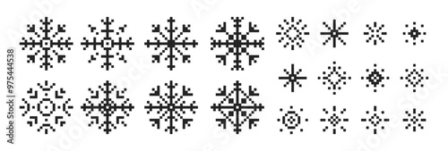 Set of snowflakes or snow icon in pixel art. Retro vector illustration.