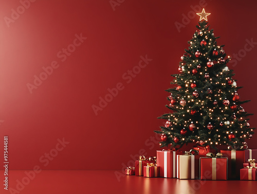 Christmas tree deco with gifts, red wall background photo