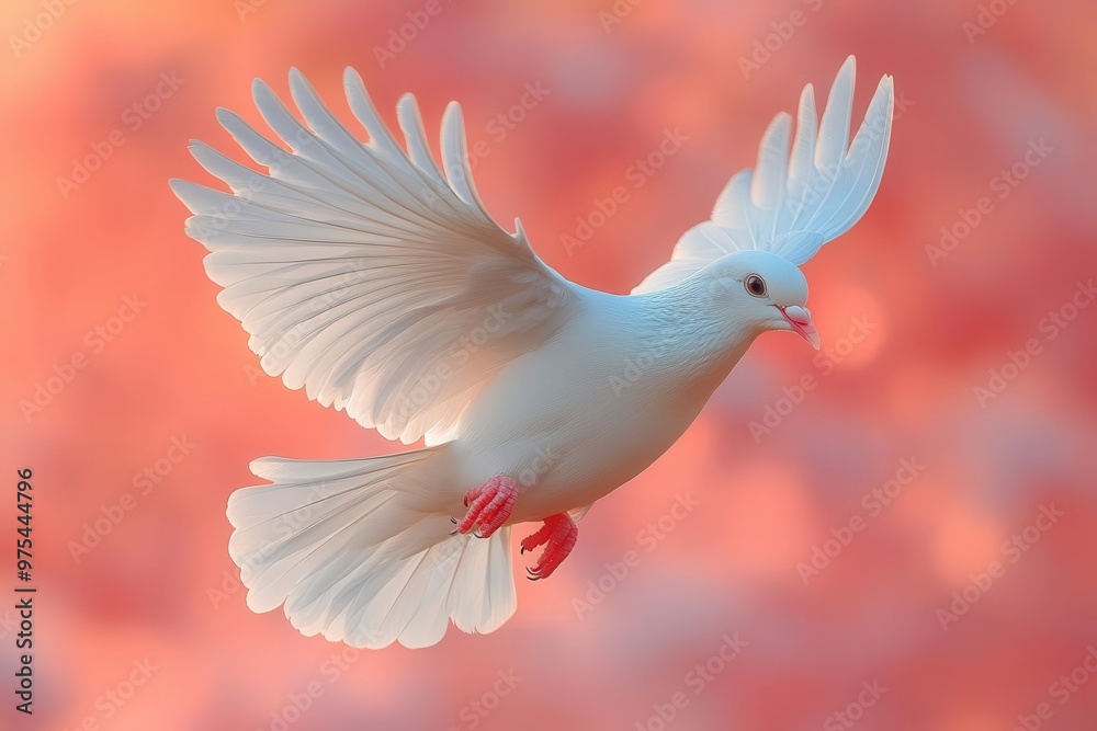 Fototapeta premium elegant white dove in midflight against ethereal pastel backdrop feathers catch soft light symbolizing peace and hope minimalist yet powerful composition