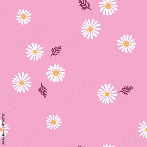 Chamomile flowers seamless pattern. Hand drawn isolated sparsely scattered small white daisy flowers and leaves on pink background. Cute daisy floral allover backdrop photo