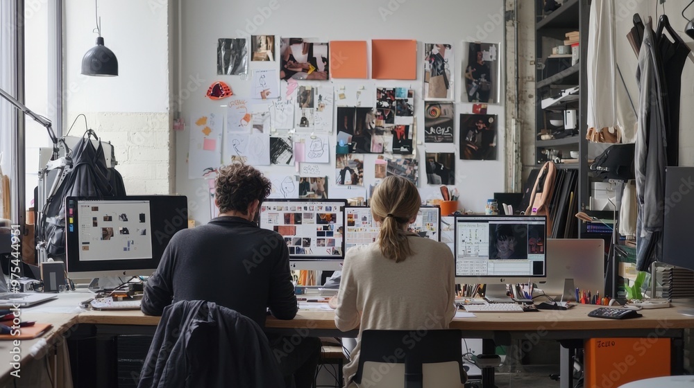 Obraz premium High-definition capture of a creative studio space, designers at work, mood board visible, 50 keywords