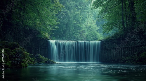 Fototapeta Naklejka Na Ścianę i Meble -  Ultra-sharp image of a pristine waterfall in dense forest, long exposure effect, 50 keywords