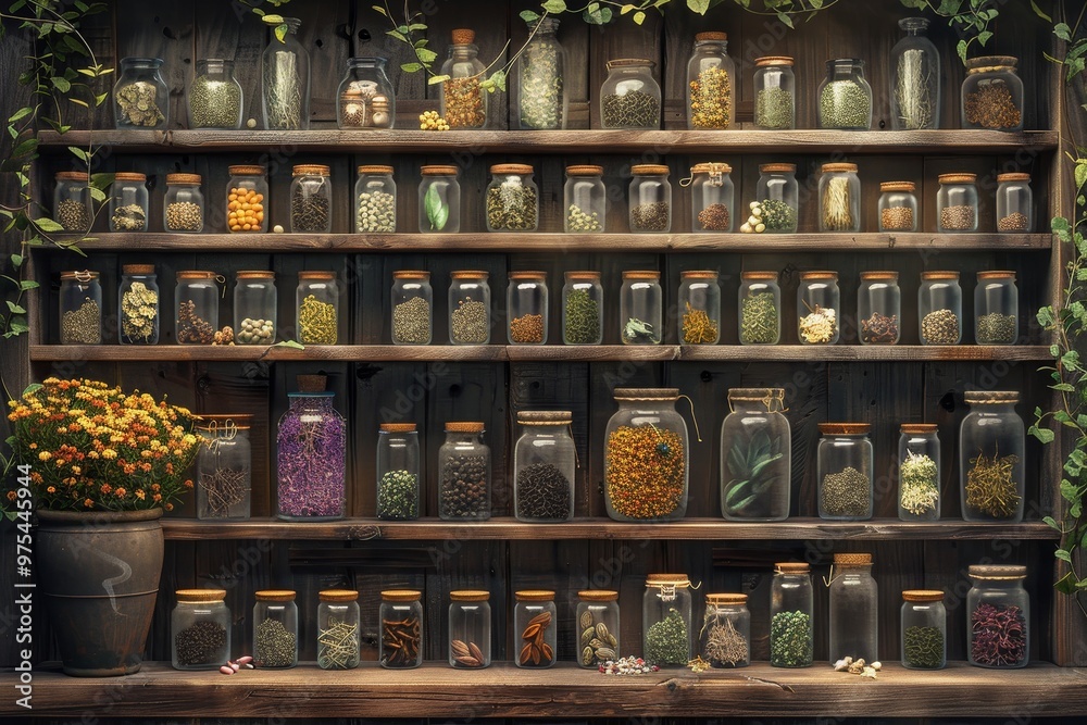 A wooden shelf filled with glass jars containing various herbs, spices, and dried flowers. A wooden shelf filled with glass jars containing various herbs, spices, and dried flowers.