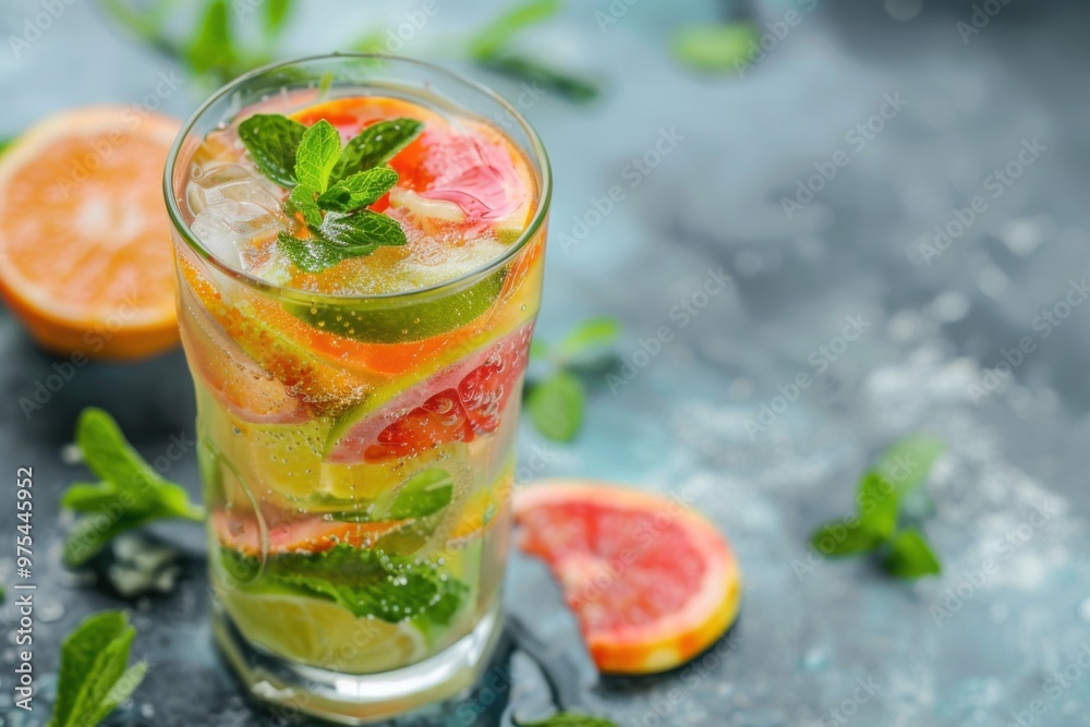 Bael fruit mojito with bael fruit slices and mint, served in a clear glass, Indian background, copy space Bael fruit mojito with bael fruit slices and mint, served in a clear glass, Indian background, copy space