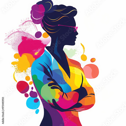 woman silhouette colorful abstract profile glasses fashion modern art creative design illustration splatter digital female vibrant stylish trendy hair bun multicolor side view 