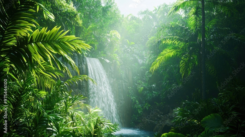 Fototapeta premium Crystal-clear view of a lush tropical rainforest, vibrant greens, waterfall in background, 50 keywords