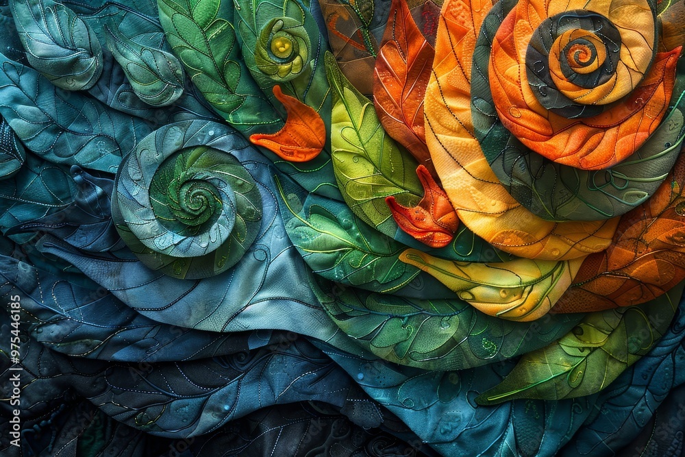 Fototapeta premium Abstract art with swirling leaves in vibrant green, blue, orange, and red hues. The leaves form a mesmerizing pattern, creating a dynamic and colorful composition.