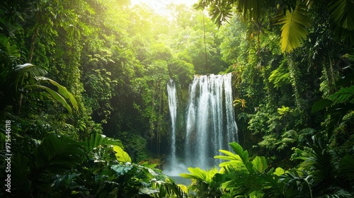 Crystal-clear view of a lush tropical rainforest, vibrant greens, waterfall in background