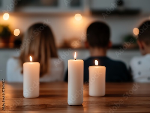 A family gathered for a prayer before a meal, shot from behind, evening light from candles, soft focus on the heads bowed in gratitude, intimate and peaceful