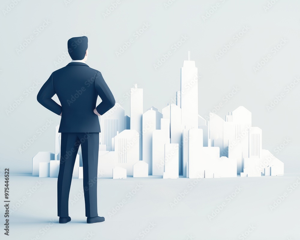 A businessman gazes at a modern city skyline, symbolizing ambition and opportunity in a minimalistic setting. A businessman gazes at a modern city skyline, symbolizing ambition and opportunity in a minimalistic setting.