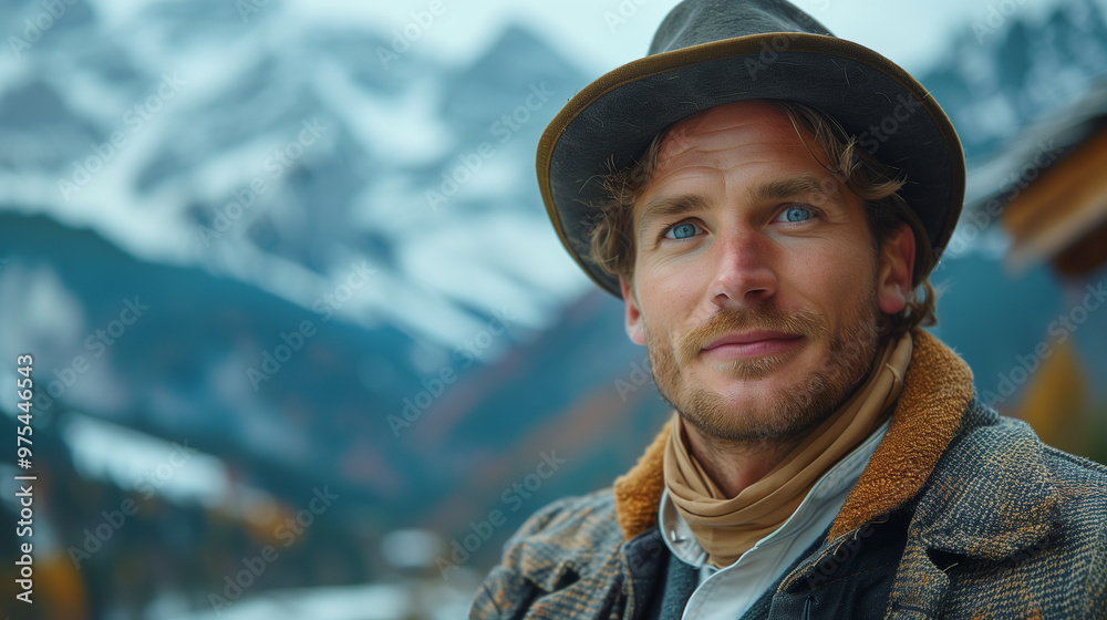 Portrait of Cheerful Middle Age German Farmer Standing Arms Crossed In Mountain Highland Background, Showcasing Local Rural Countryside Lifestyle and Work, Portrait of Cheerful Middle Age German Farmer Standing Arms Crossed In Mountain Highland Background, Showcasing Local Rural Countryside Lifestyle and Work,