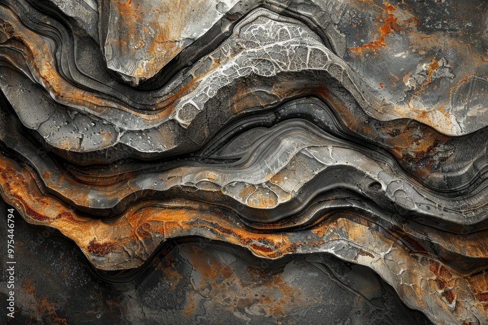 Abstract close-up of textured, weathered metal surface with rust and layered patterns.