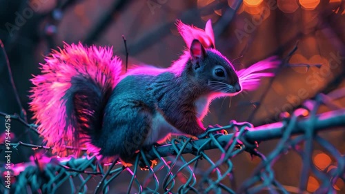 A vibrant squirrel sits on a metal fence, illuminated by striking neon colors in shades of pink and purple. whimsical scene blends nature and urban art, ideal for creative projects.