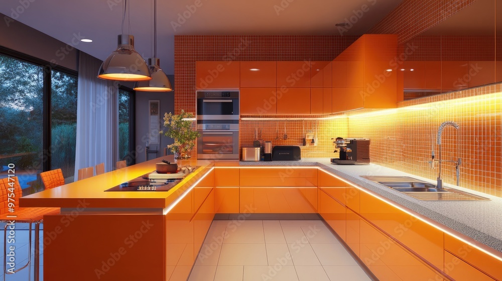 Contemporary orange kitchen with bold orange cabinetry, orange tiles, and modern orange lighting. Contemporary orange kitchen with bold orange cabinetry, orange tiles, and modern orange lighting.