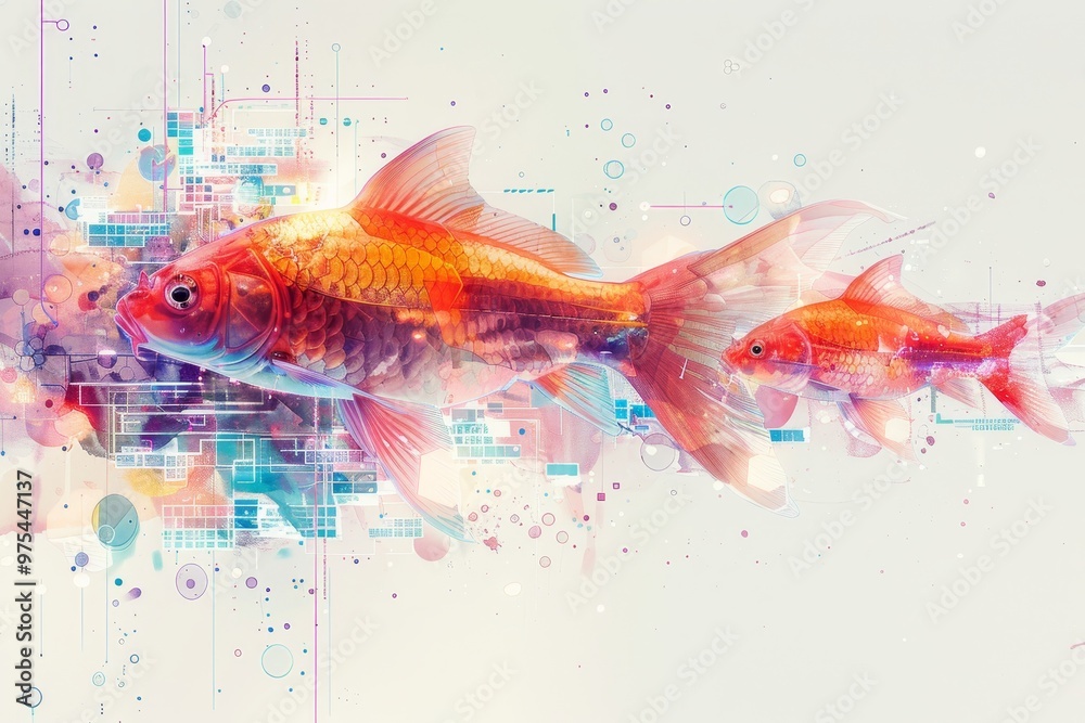 Abstract digital art of colorful goldfish swimming in a burst of vibrant paint. Abstract digital art of colorful goldfish swimming in a burst of vibrant paint.