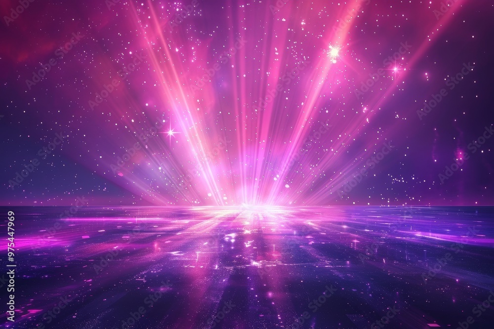 Fototapeta premium Abstract pink and purple light beams radiating from a central point, creating a celestial, otherworldly effect.